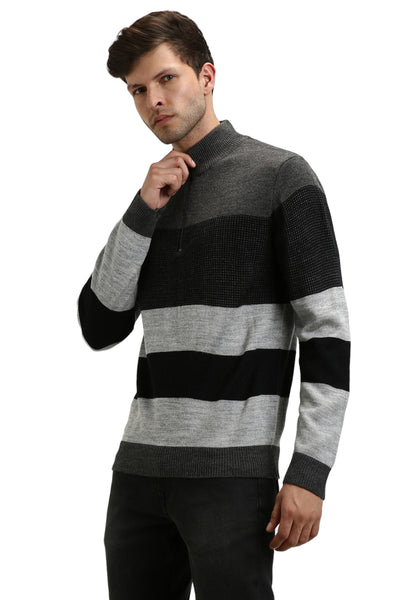 Dennis Lingo Men's Anthra Mel Striper Mock Full Sleeves Half Zip Sweater
