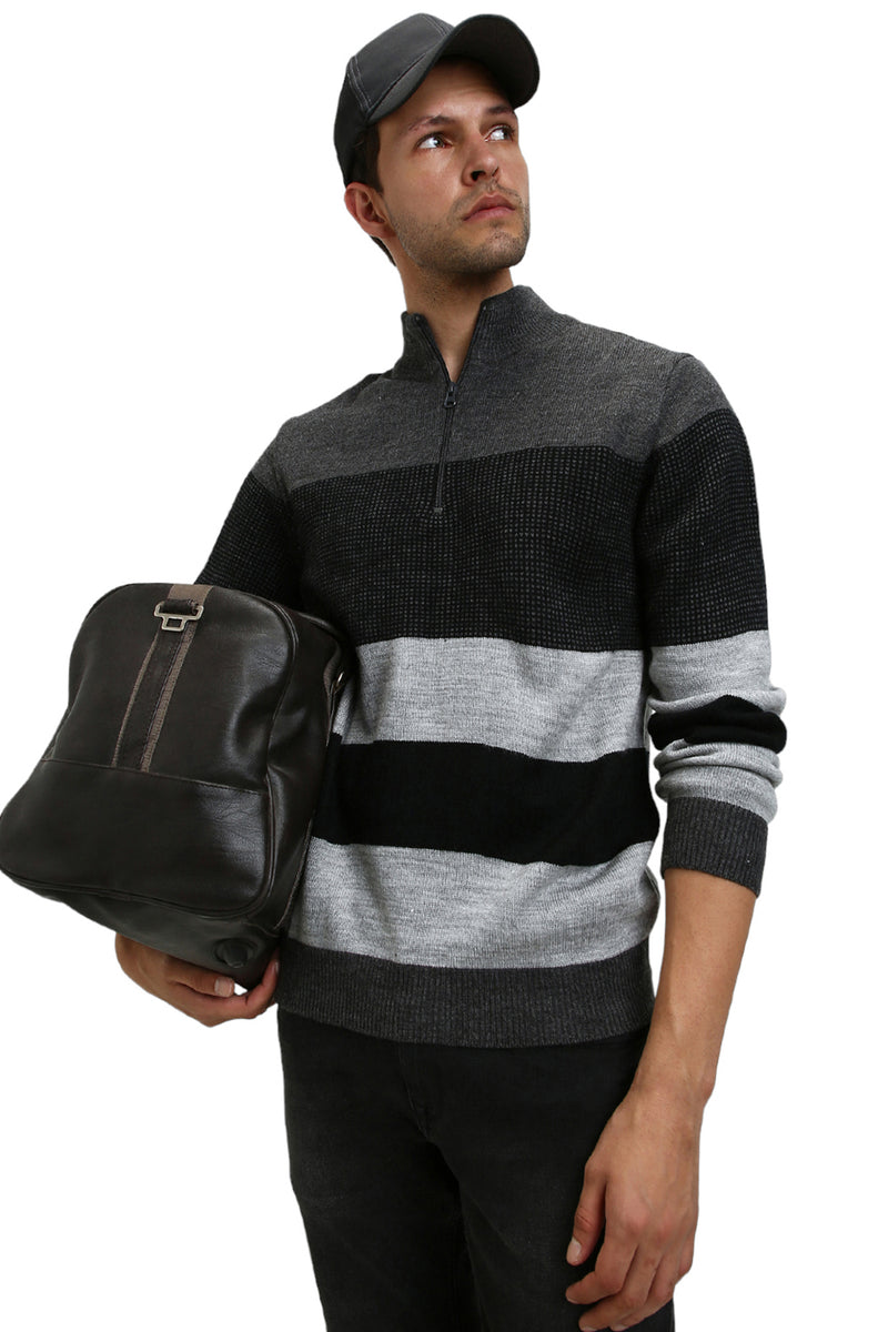 Dennis Lingo Men's Mock Regular Fit Striper Anthra Mel Sweater