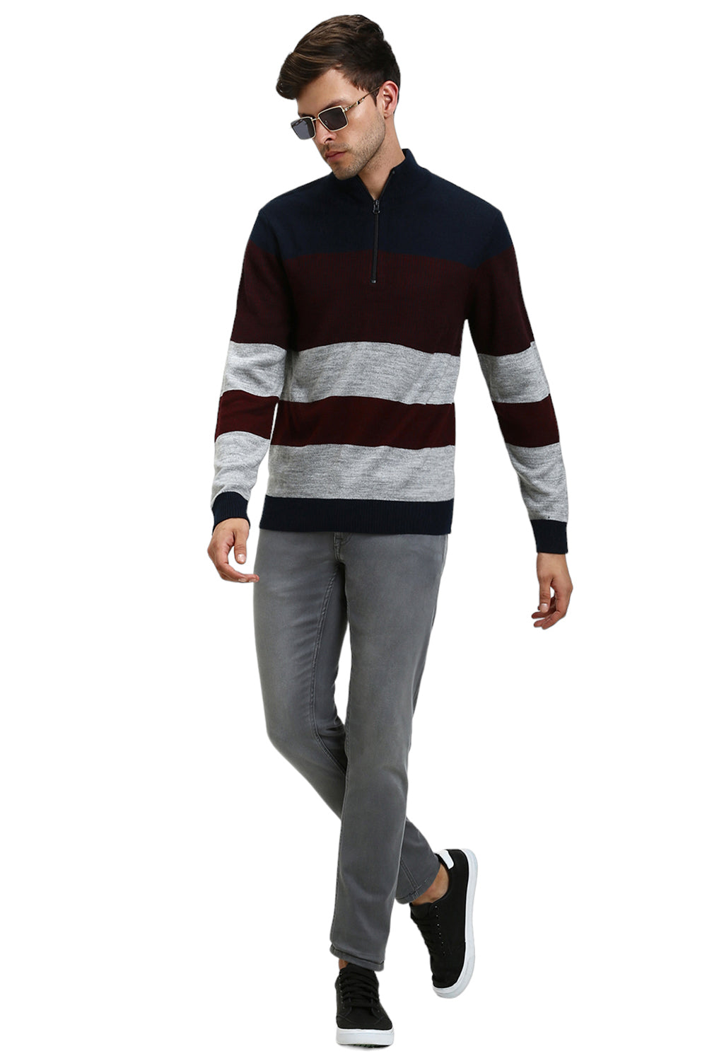 Dennis Lingo Men's Mock Regular Fit Striper Navy Sweater