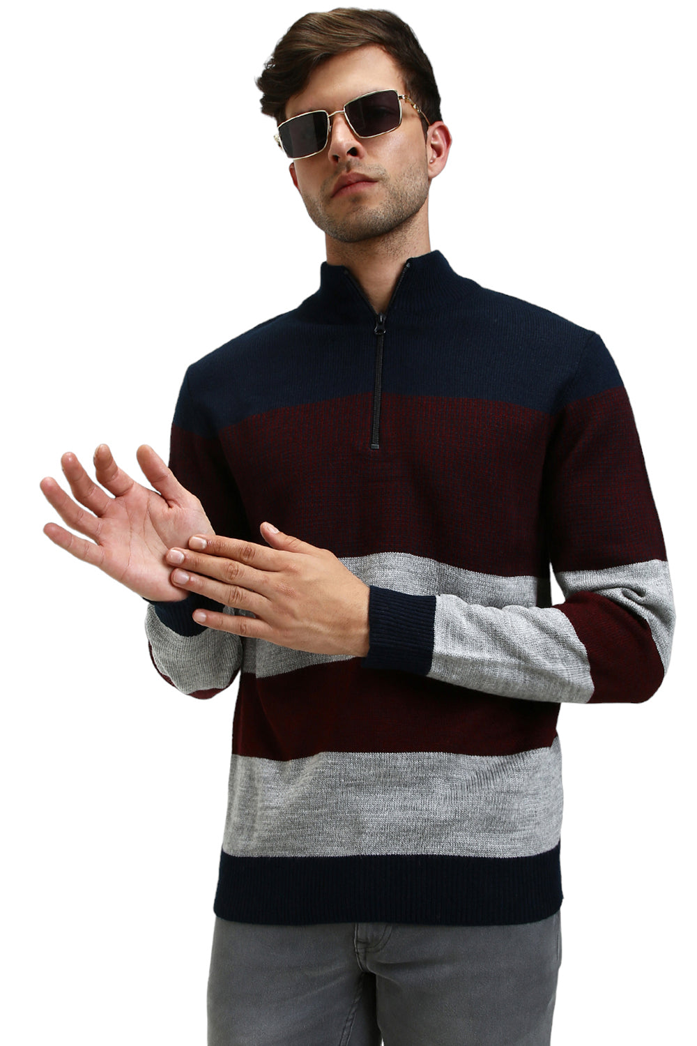 Dennis Lingo Men's Navy Striper Mock Full Sleeves Half Zip Sweater