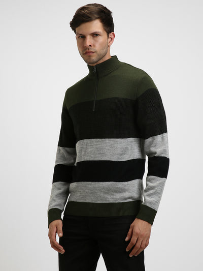 Dennis Lingo Men's Olive Striper Mock Full Sleeves Half Zip Sweater
