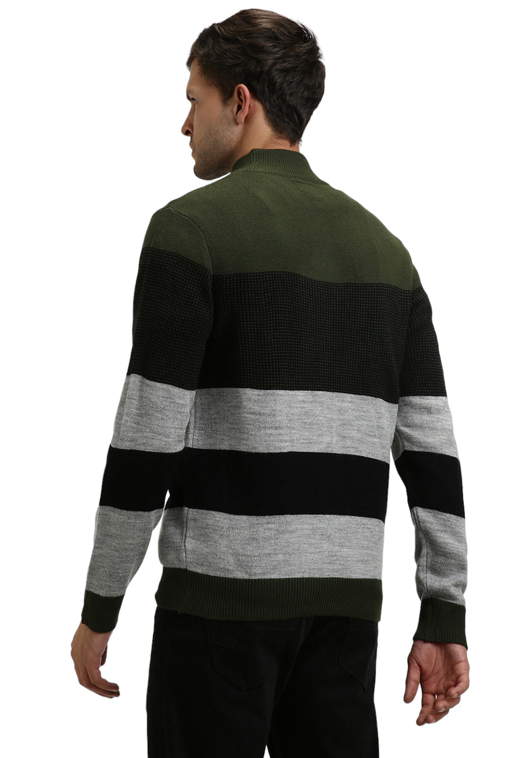 Dennis Lingo Men's Olive Striper Mock Full Sleeves Half Zip Sweater