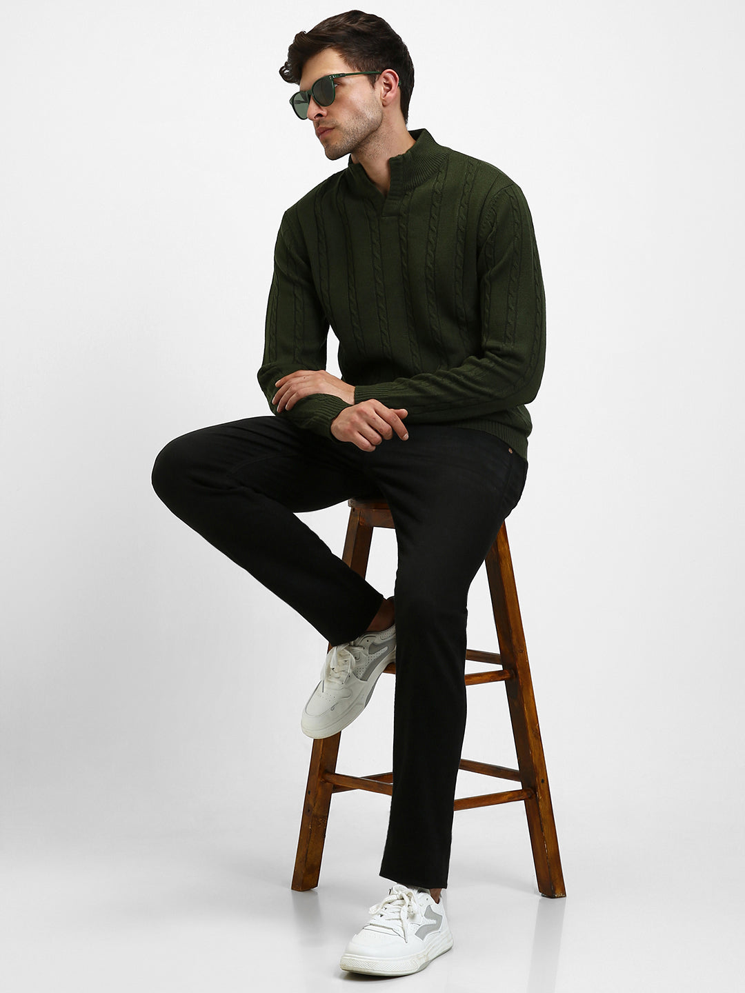 Dennis Lingo Men's Olive Cable Mock Full Sleeves Half Zip Sweater