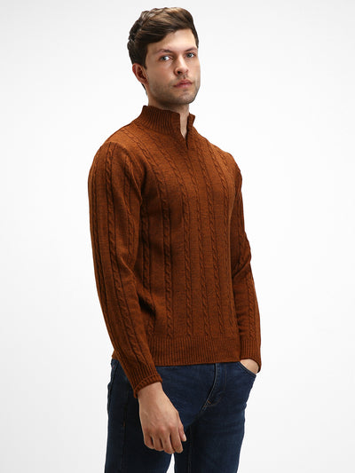 Dennis Lingo Men's Rust Cable Mock Full Sleeves Half Zip Sweater