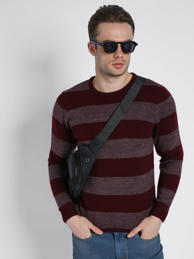 Men's Maroon Striped Acrylic Pullover Sweater