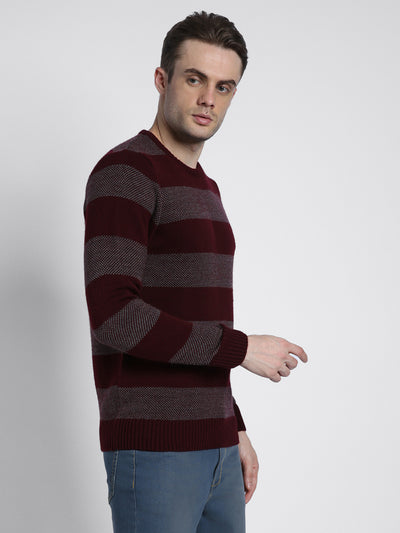 Men's Maroon Striped Acrylic Pullover Sweater