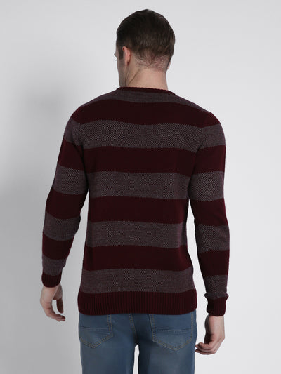 Men's Maroon Striped Acrylic Pullover Sweater