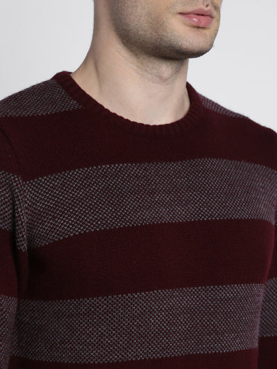Men's Maroon Striped Acrylic Pullover Sweater