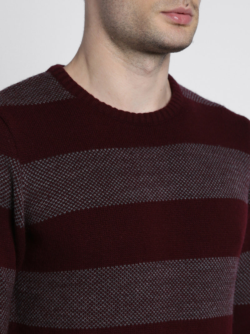 Men's Maroon Striped Acrylic Pullover Sweater