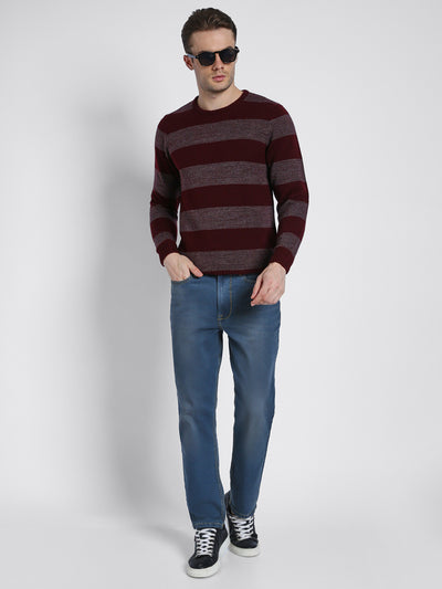 Men's Maroon Striped Acrylic Pullover Sweater
