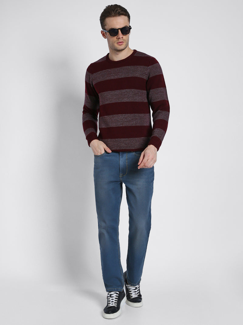 Men's Maroon Striped Acrylic Pullover Sweater