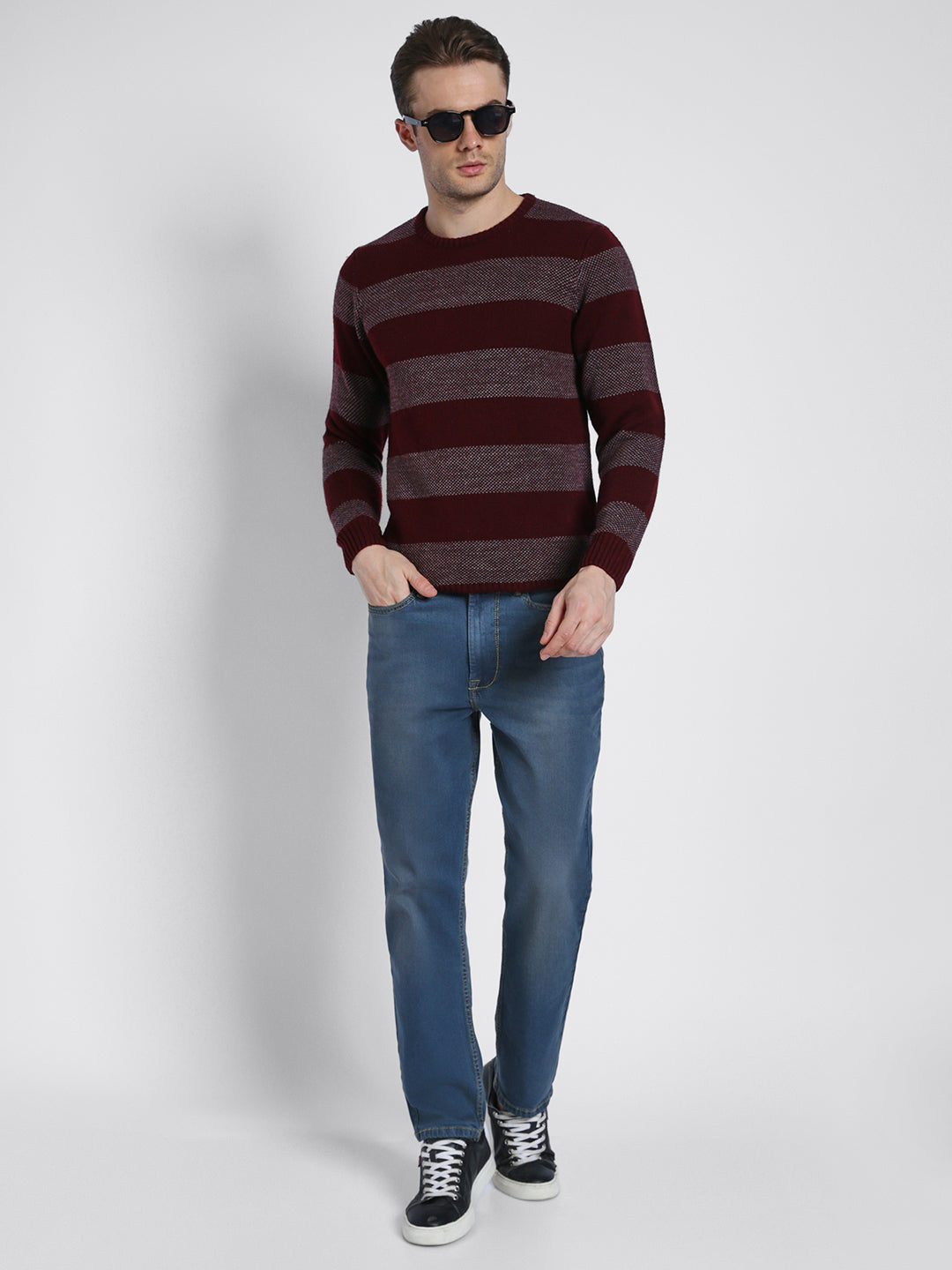 Dennis Lingo Men's Maroon Striper Full Sleeves Pullover Sweater