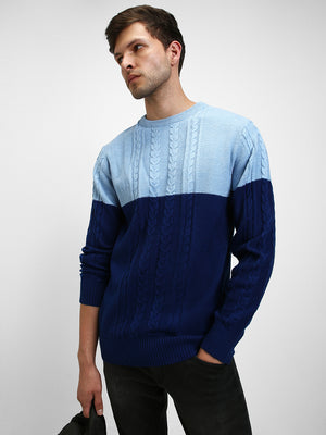 Men's Light Blue ColorBlock Round Neck Pullover Sweater