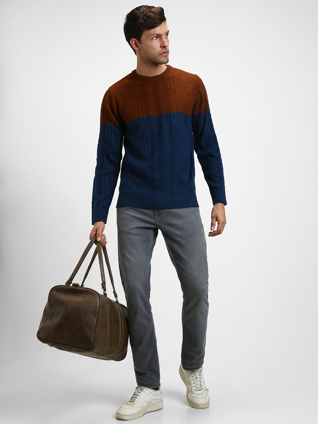 Dennis Lingo Men's Rust Colorblock  Full Sleeves Pullover Sweater