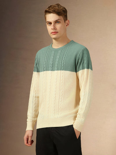 Men's Sage Green Crew Neck Full Sleeves Slim Fit Pullover Sweater