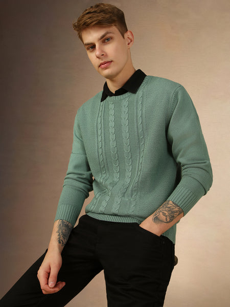 Men's Sage Green Crew Neck Full Sleeves Slim Fit Pullover