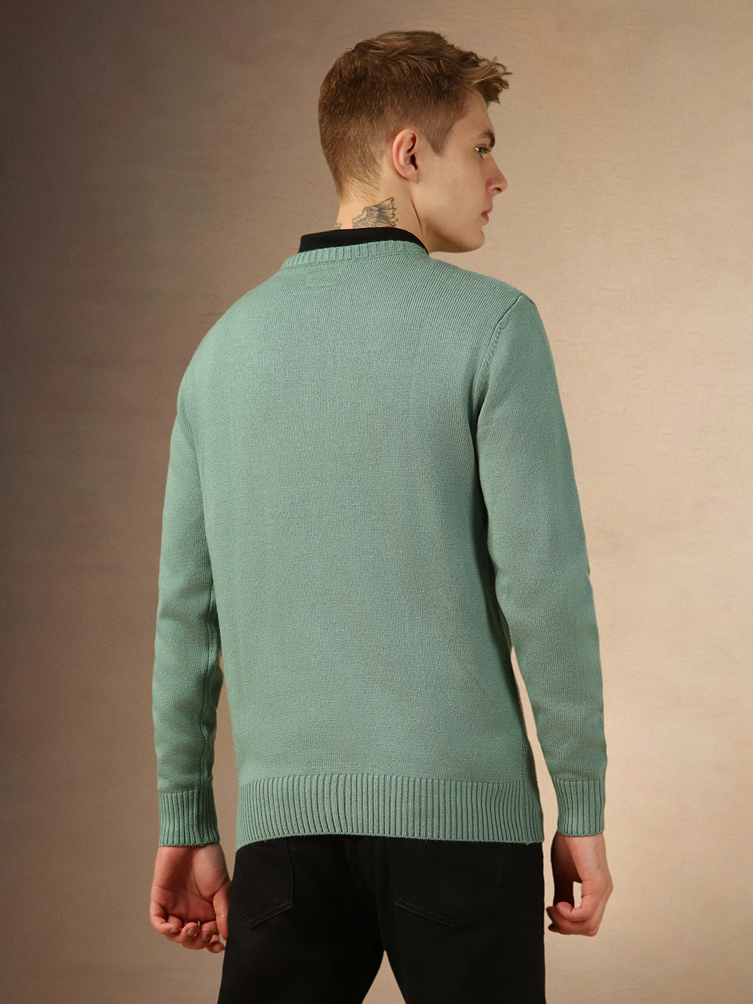 Men s Sage Green Crew Neck Full Sleeves Slim Fit Pullover Sweater DENNIS LINGO