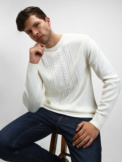 Dennis Lingo Men's Off white Cable Solid  Full Sleeves Pullover Sweater