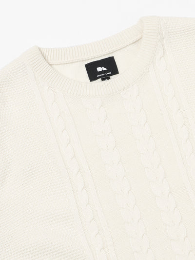 Dennis Lingo Men's Off white Cable Solid  Full Sleeves Pullover Sweater
