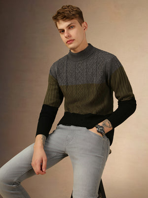 Men's Grey Crew Neck Full Sleeves Slim Fit Pullover Sweater