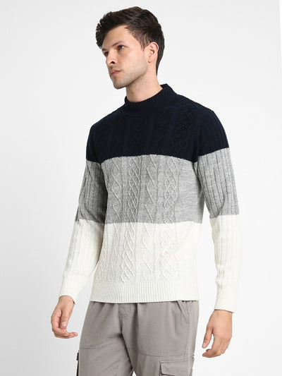 Dennis Lingo Men's Navy Colourblock  Full Sleeves Pullover Sweater