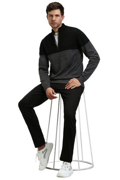 Dennis Lingo Men's Black Colourblock Mock Full Sleeves Half Zip Sweater