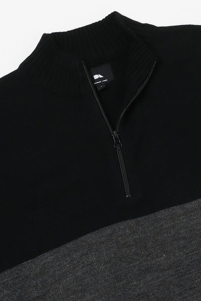 Dennis Lingo Men's Black Colourblock Mock Full Sleeves Half Zip Sweater