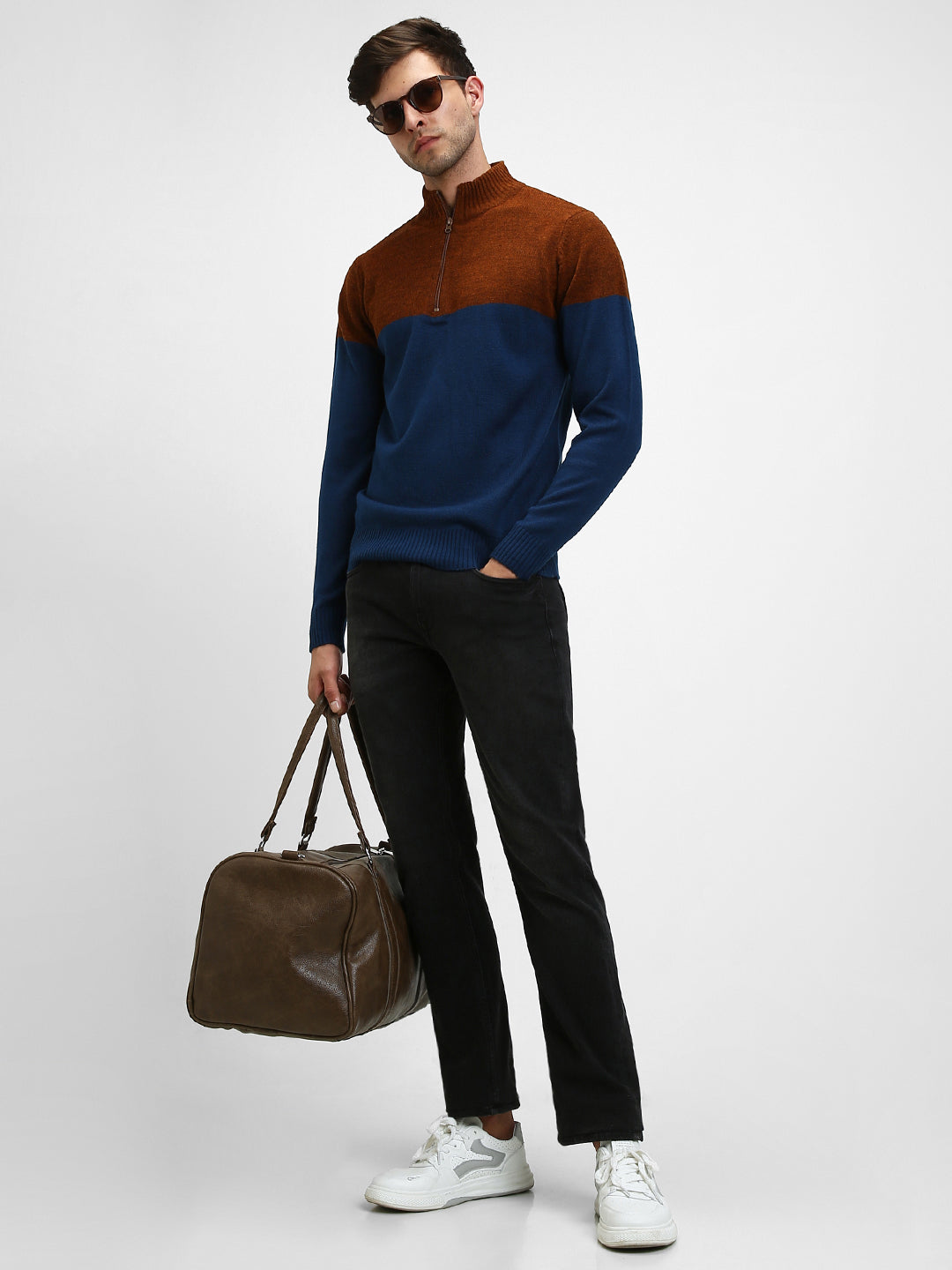 Dennis Lingo Men's Rust Colourblock Mock Full Sleeves Half Zip Sweater