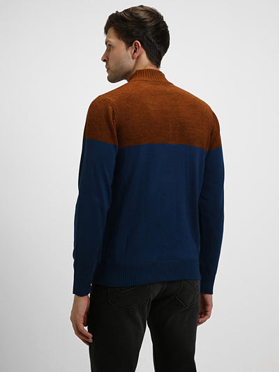 Dennis Lingo Men's Rust Colourblock Mock Full Sleeves Half Zip Sweater