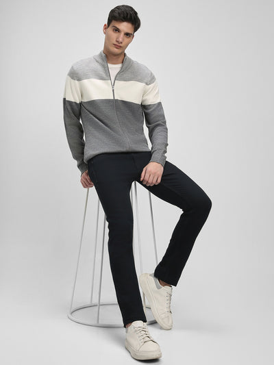Dennis Lingo Men's Lt Grey Mel Solid Mock Full Sleeves Full Zip Sweater