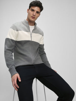Men's Mock Regular Fit Solid Lt Grey Mel Full Sleeves Sweater