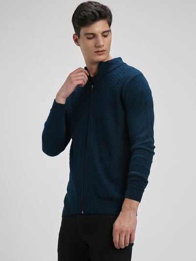 Men's Mock Regular Fit Solid Petrol Blue Sweater