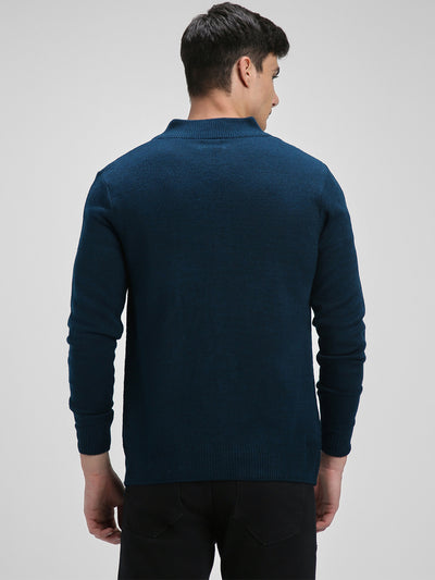 Dennis Lingo Men's Mock Regular Fit Solid Petrol Blue Sweater