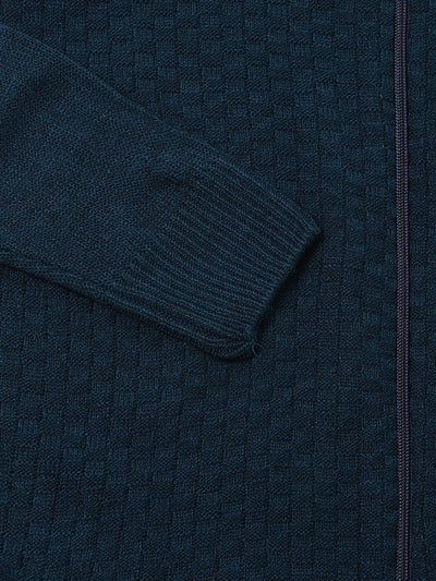 Dennis Lingo Men's Petrol Blue Solid Mock Full Sleeves Full Zip Sweater