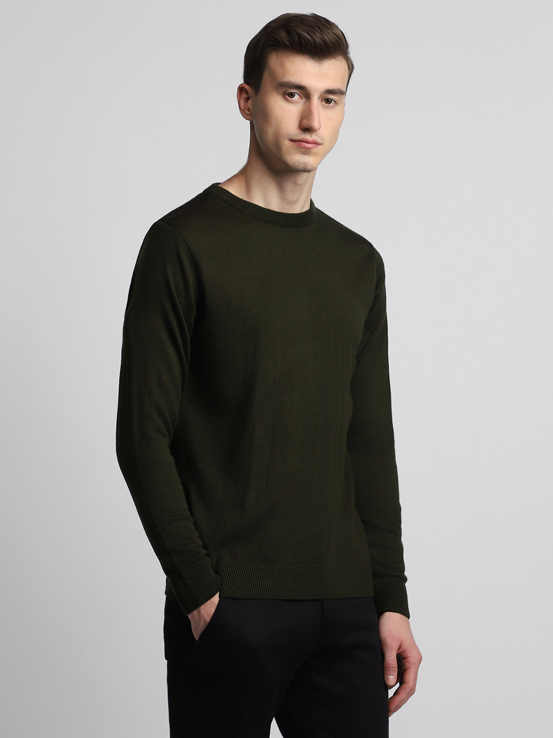 Dennis Lingo Men's Olive Colorblock  Full Sleeves Pullover Sweater