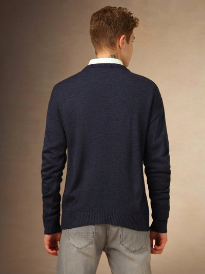 Men's Navy Blue Round Neck Cable Knit Pullover Sweater