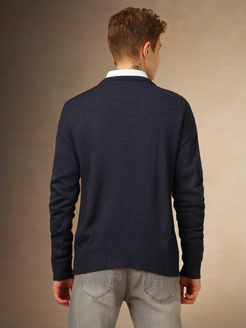 Men's Navy Blue Round Neck Cable Knit Pullover Sweater