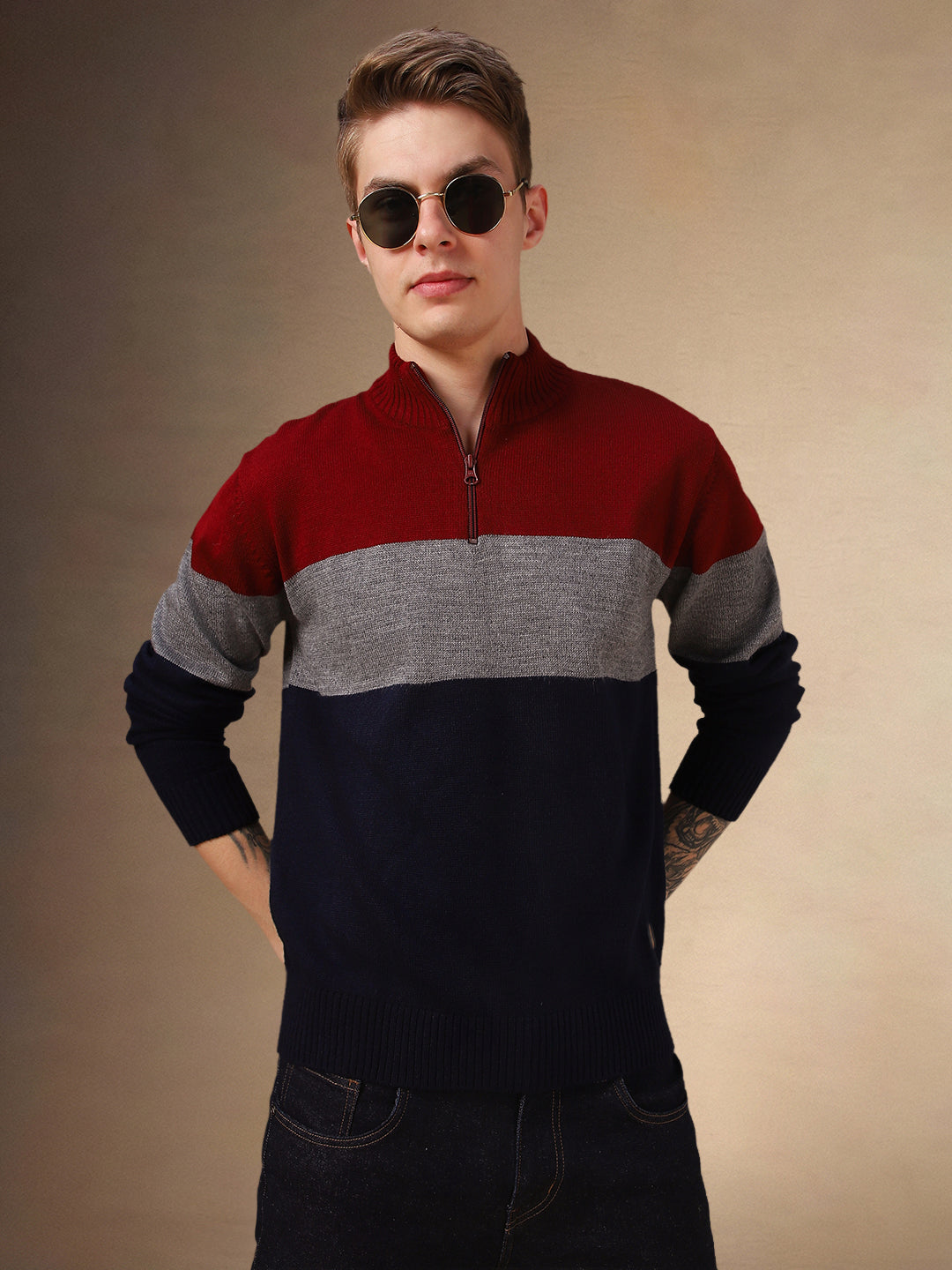 Men's Colourblocked Mock Collar Full Sleeves Sweater