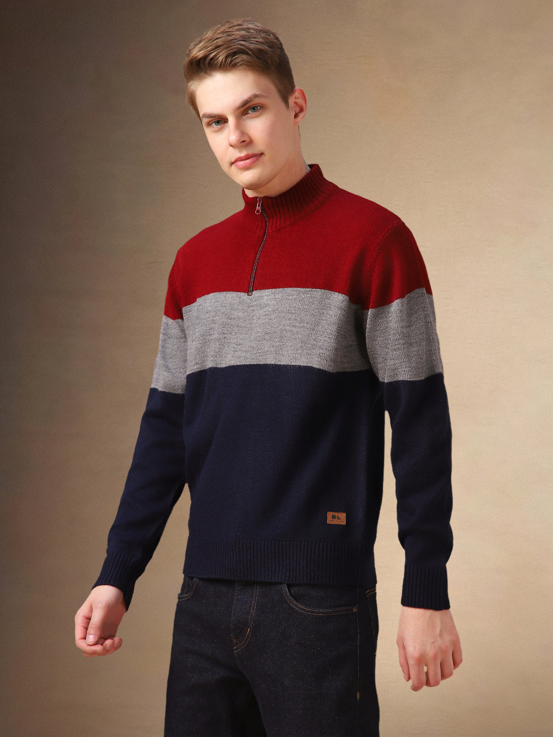 Men's Colourblocked Mock Collar Full Sleeves Sweater