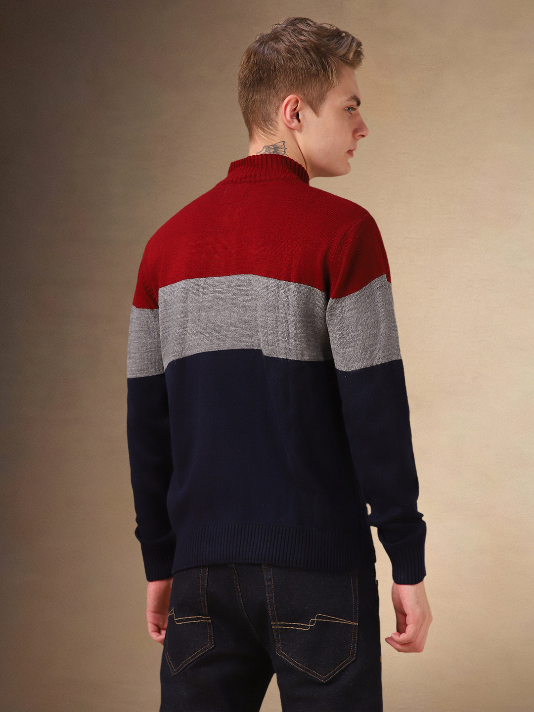 Men's Colourblocked Mock Collar Full Sleeves Sweater