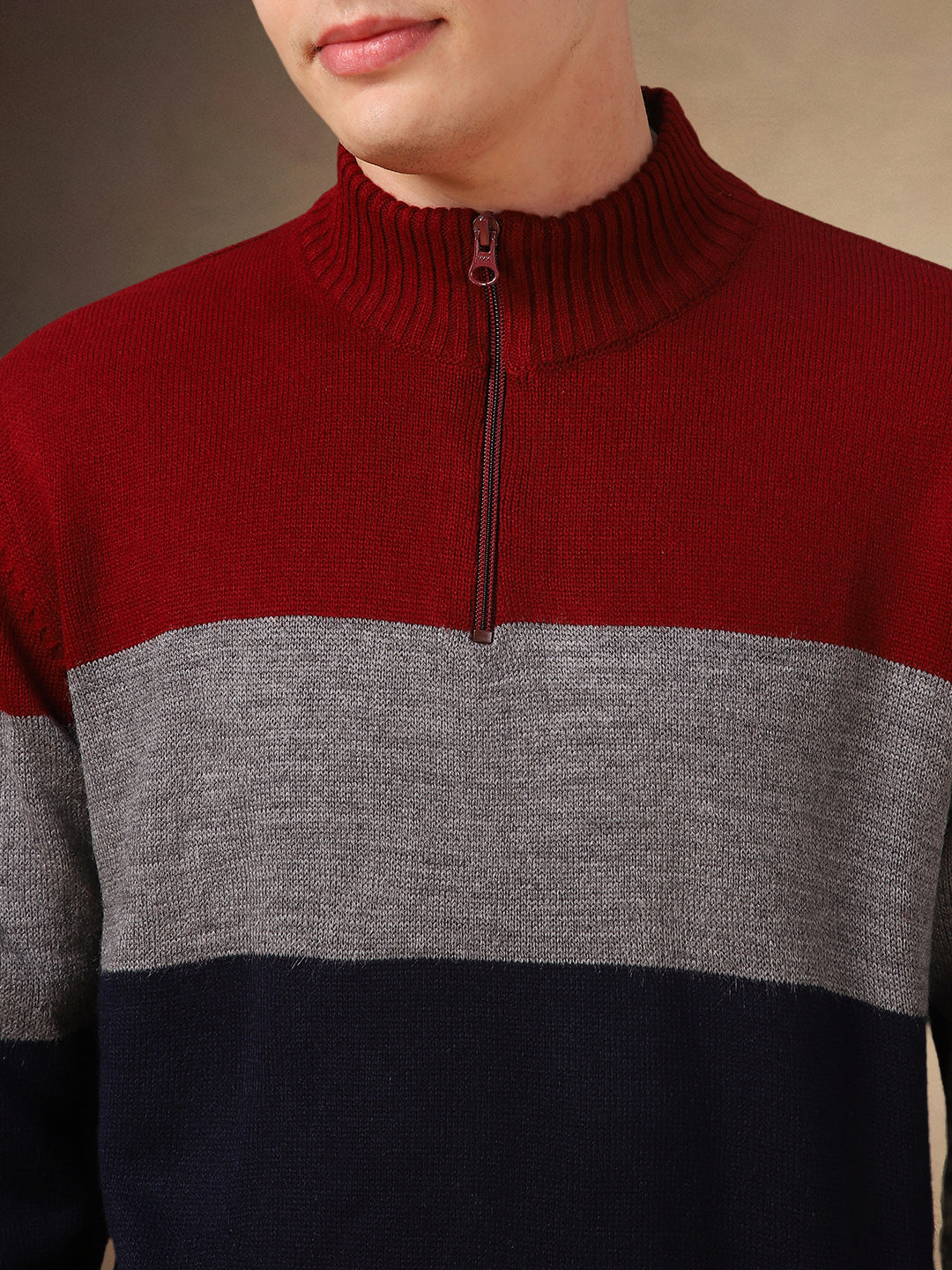 Men's Colourblocked Mock Collar Full Sleeves Sweater
