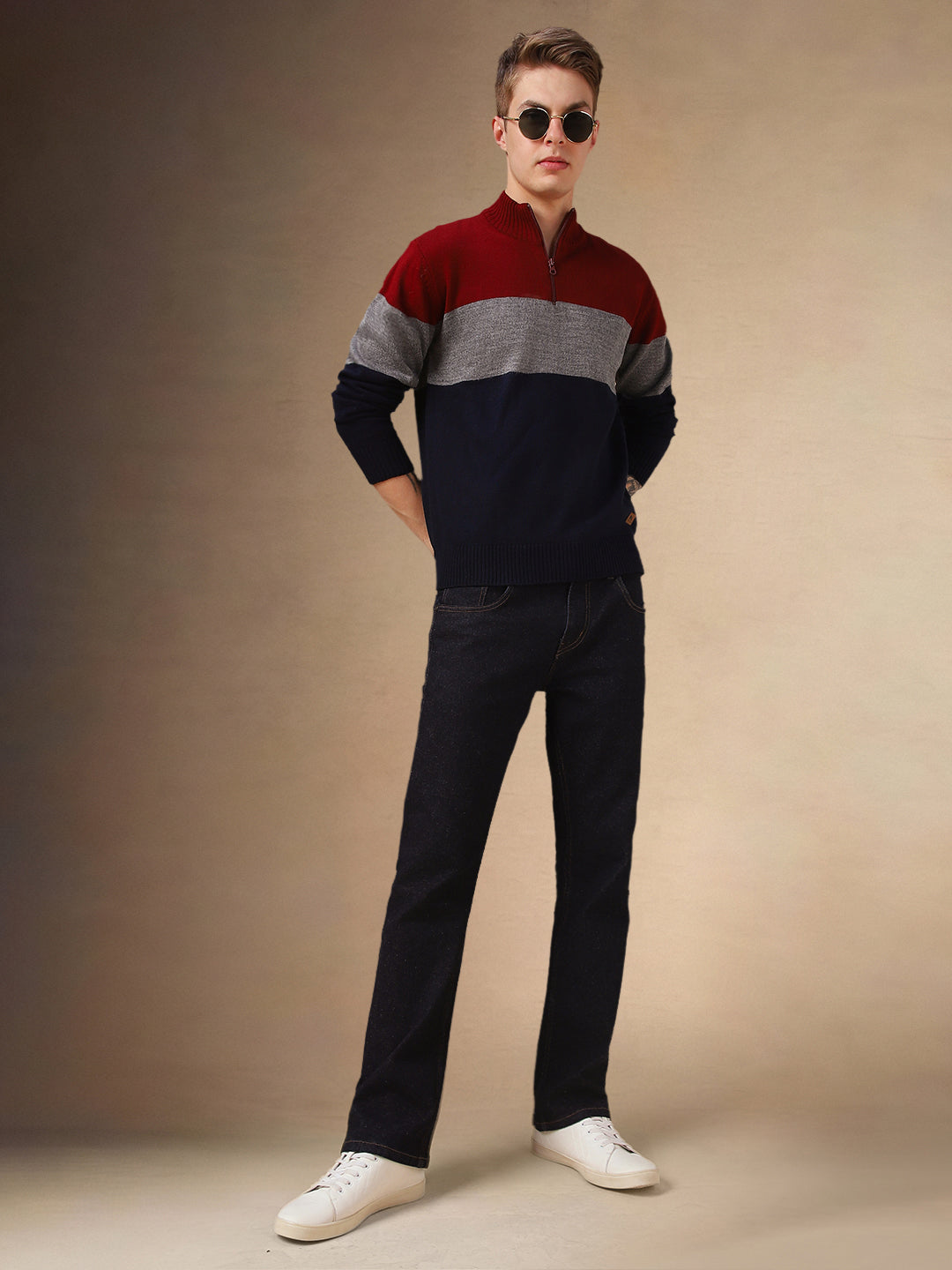 Men's Colourblocked Mock Collar Full Sleeves Sweater