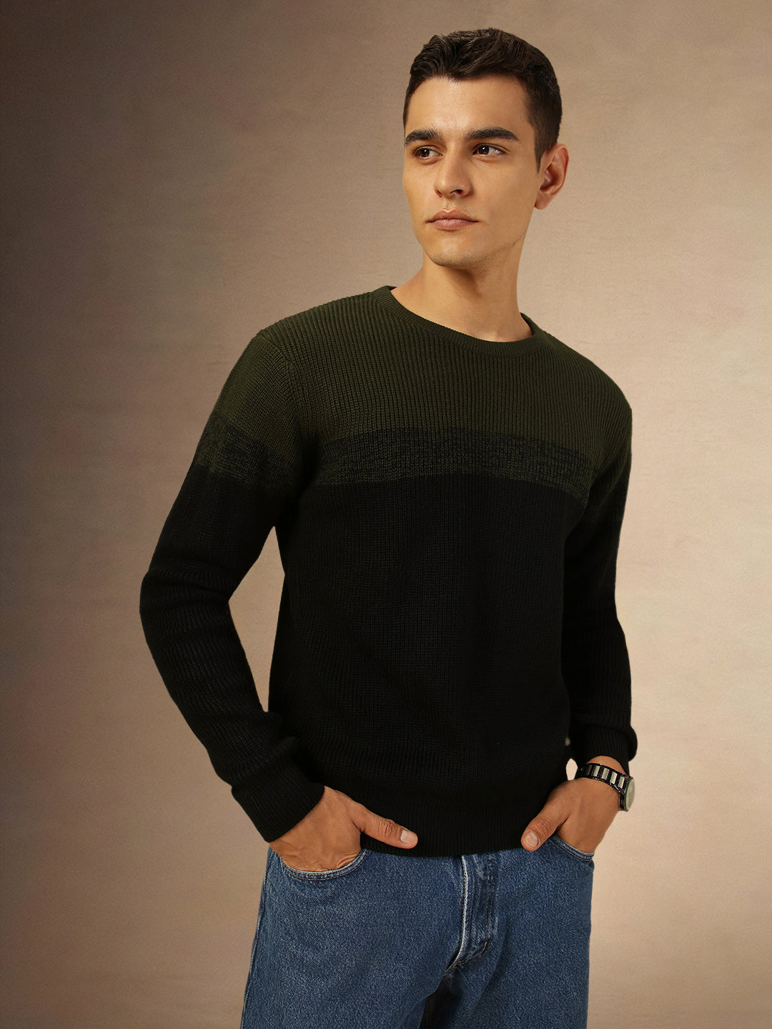 Men's Olive Colorblock Round Neck Full Sleeves Pullover Sweater