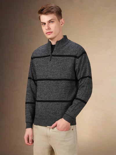 Men's Striped Mock Neck Full Sleeves Regular Fit Sweater