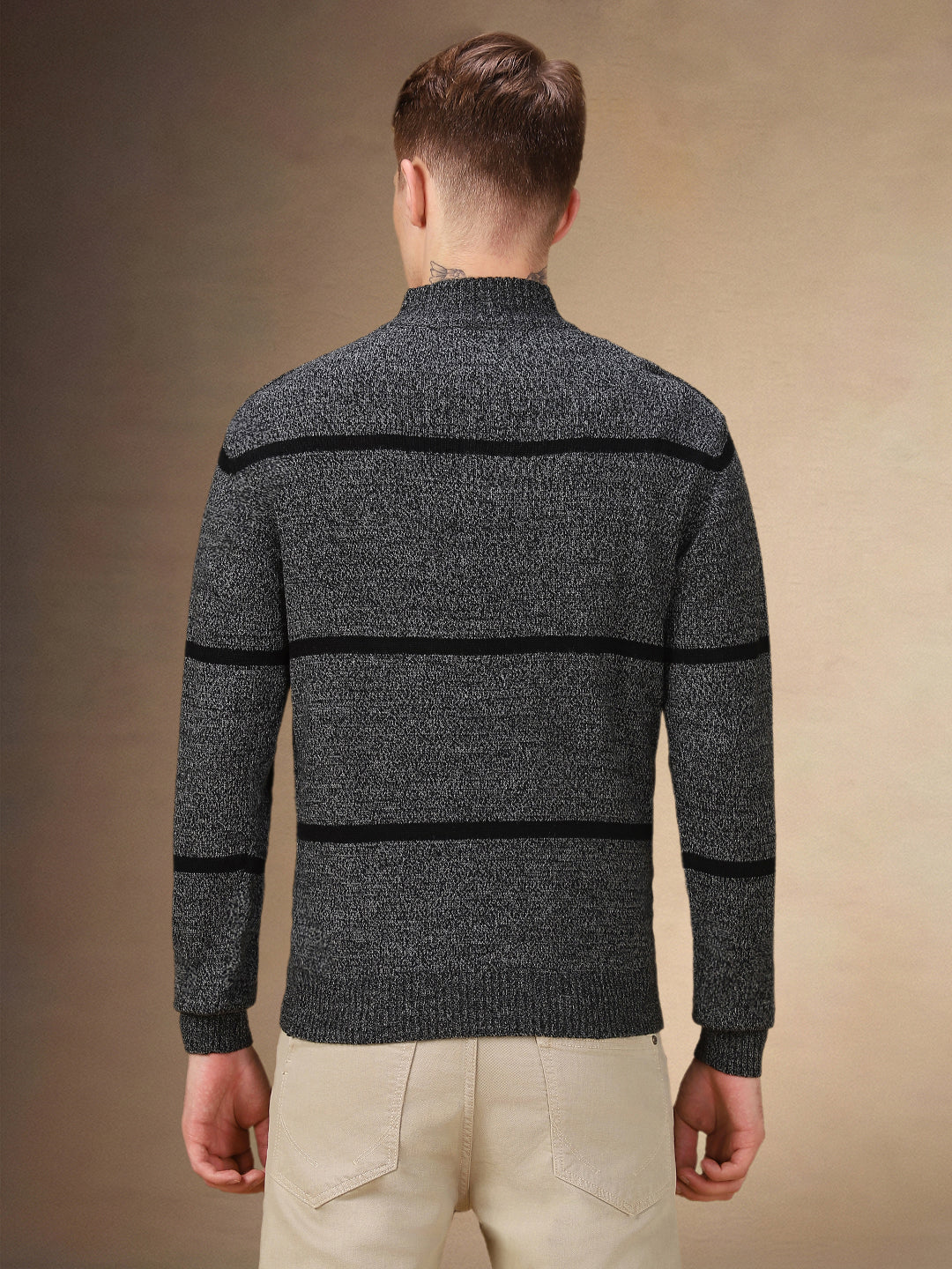 Men's Striped Mock Neck Full Sleeves Regular Fit Sweater