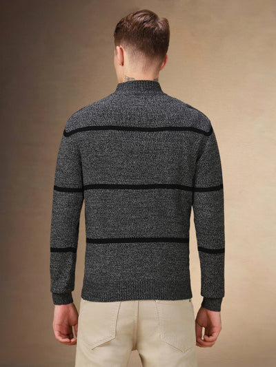 Men's Striped Mock Neck Full Sleeves Regular Fit Sweater