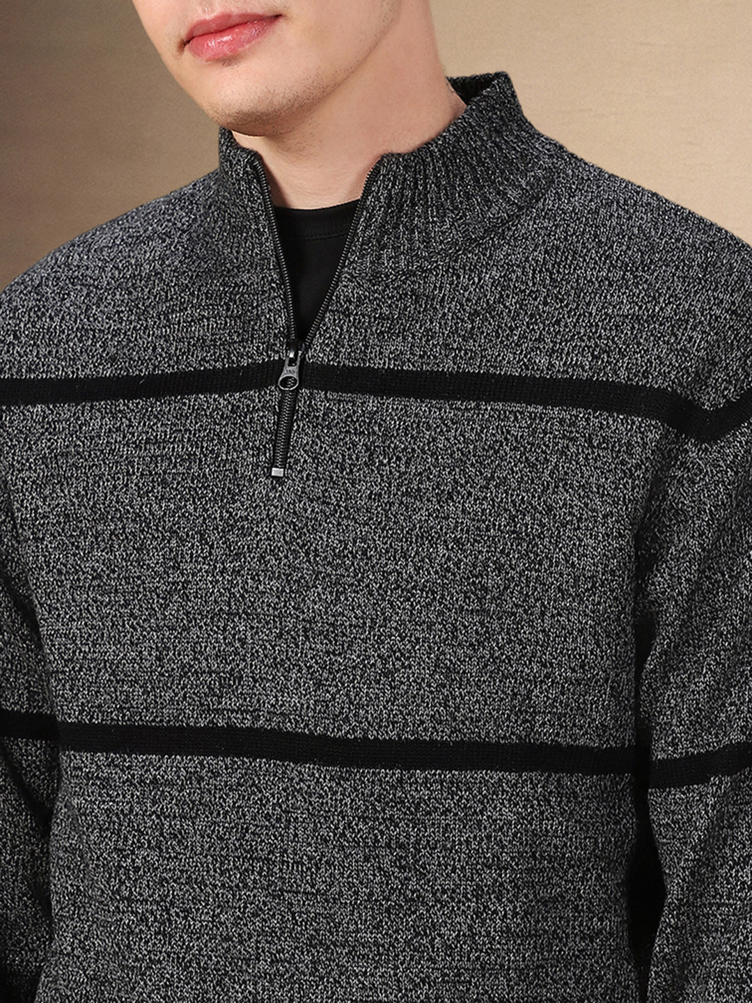Men's Striped Mock Neck Full Sleeves Regular Fit Sweater