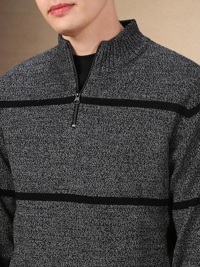 Men's Striped Mock Neck Full Sleeves Regular Fit Sweater