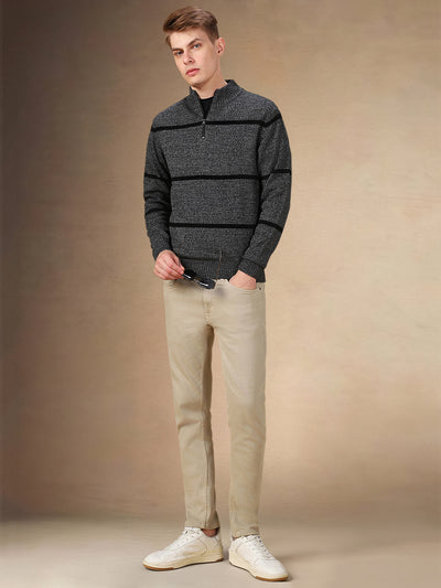 Men's Striped Mock Neck Full Sleeves Regular Fit Sweater