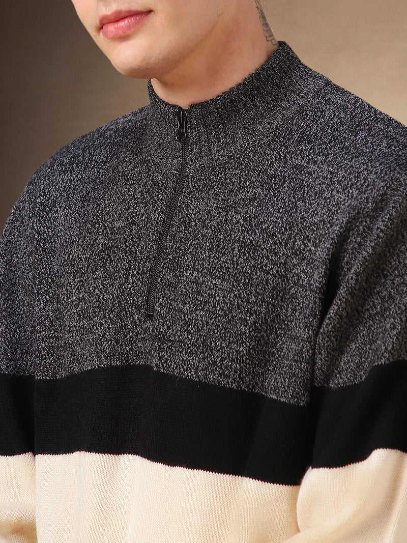 Men's Off White Striped Mock Collar Full Sleeves Sweater
